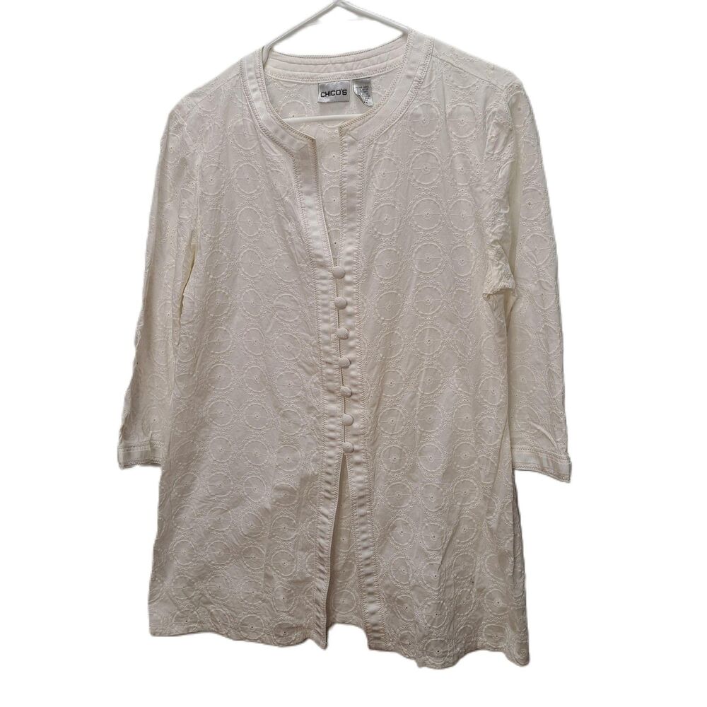 Chico's Womens White Embroidered Eyelet Split Neck 3/4 Sleeve Tunic Top 2-Large